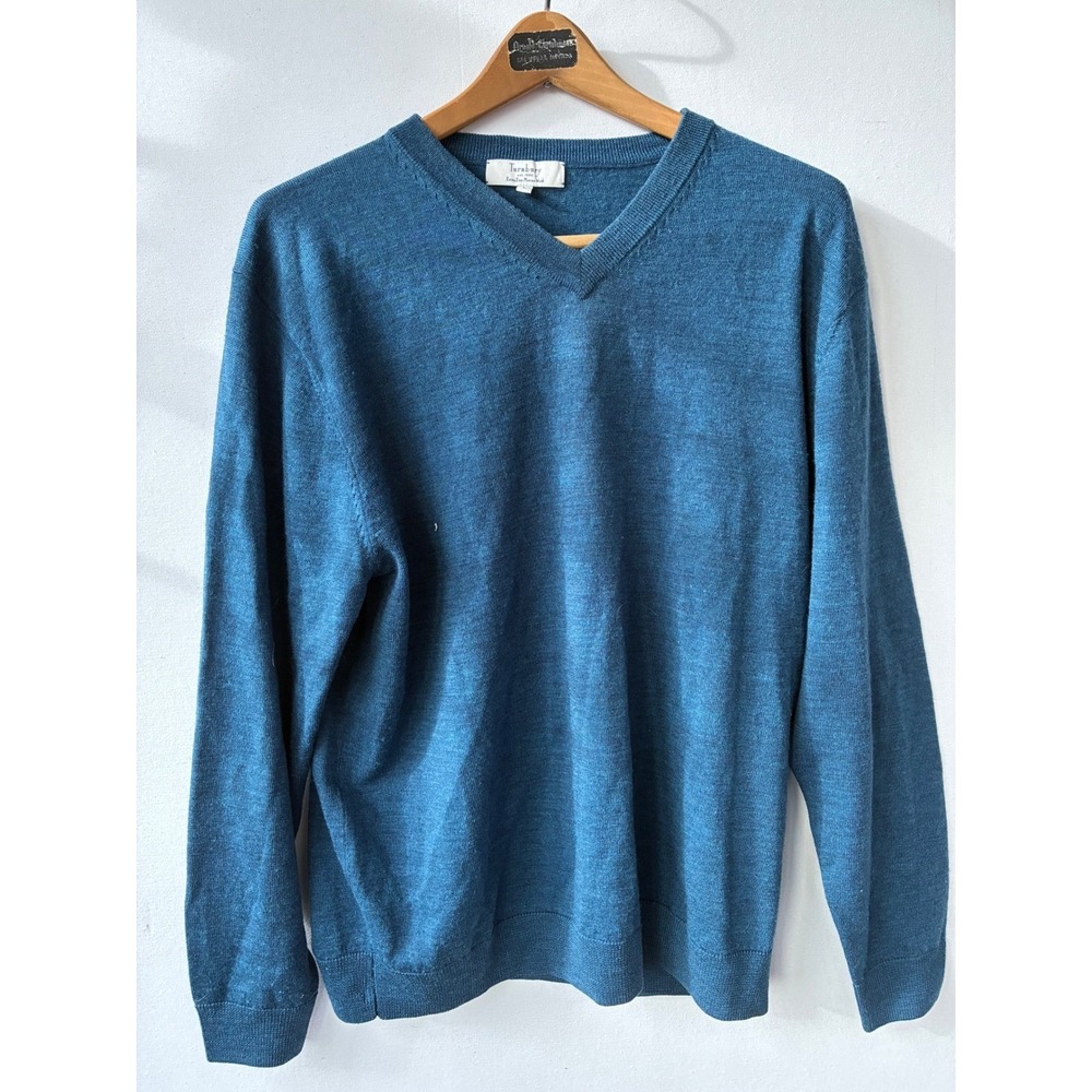 Turnbury Extra Fine Merino Wool V-Neck Sweater Teal Blue Mens Large
